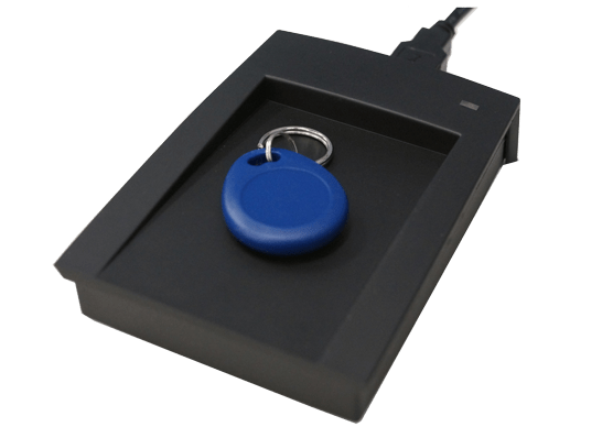blue fob on a reception reader